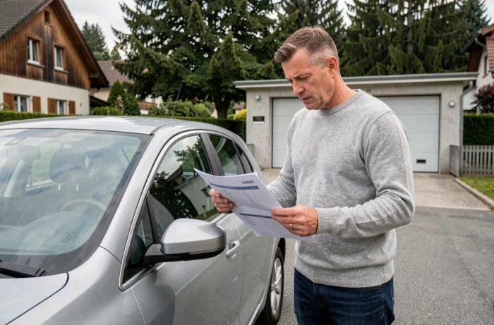 Homme examinant les documents d'un véhicule d'occasion lors d'une vente privée en Suisse