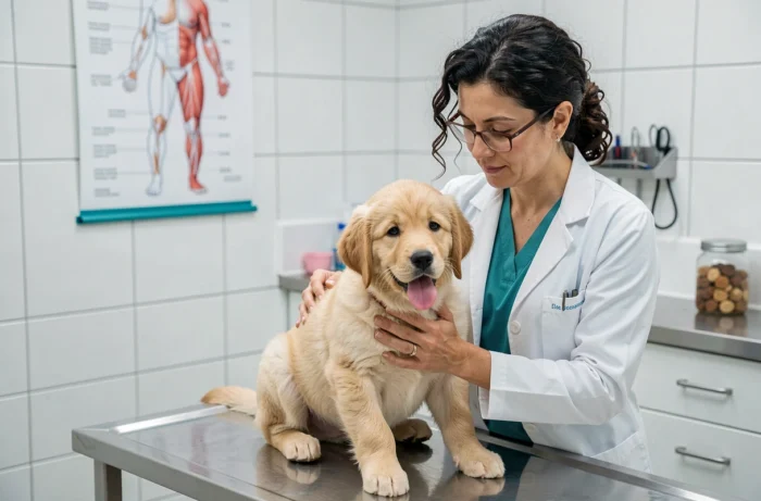 Vétérinaire réalisant un bilan de santé sur un chiot golden retriever, soins et bien-être des animaux de compagnie
