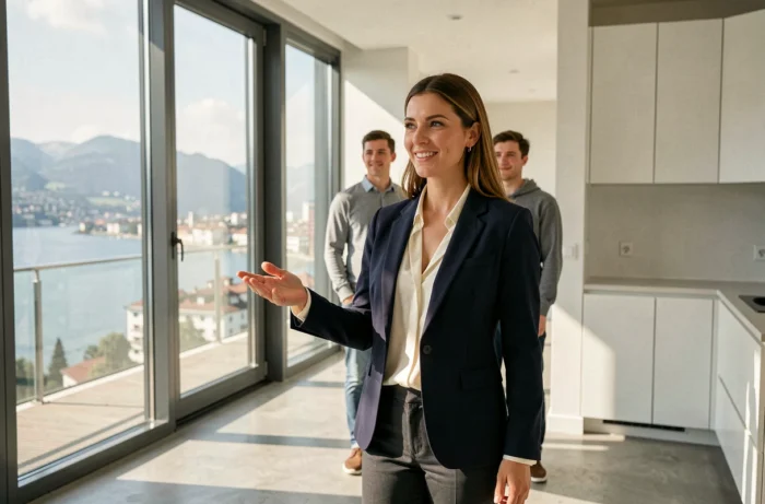 Agent immobilière présentant un appartement moderne avec vue sur le lac Léman à Genève