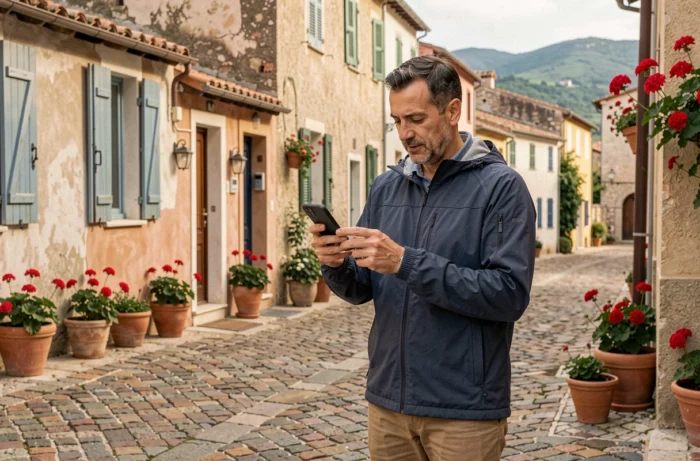 Voyageur consultant une application de voyage dans une rue pavée d'un village méditerranéen