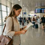 Voyageuse consultant une carte dans un terminal d'aéroport international moderne