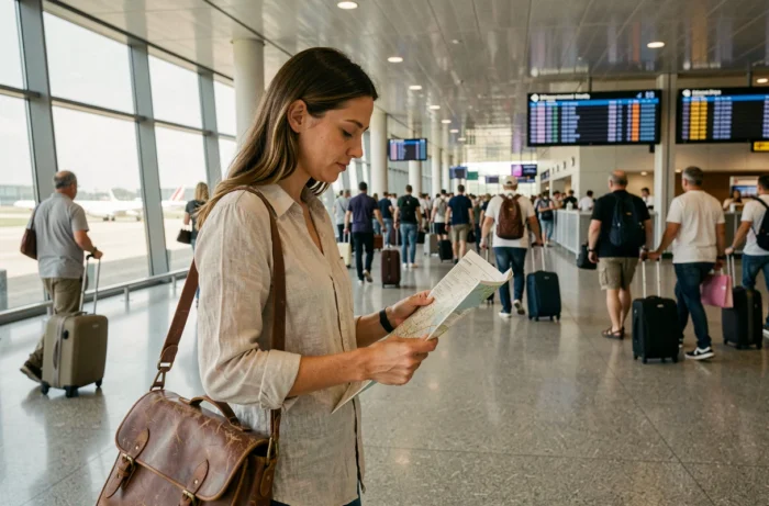 Voyageuse consultant une carte dans un terminal d'aéroport international moderne