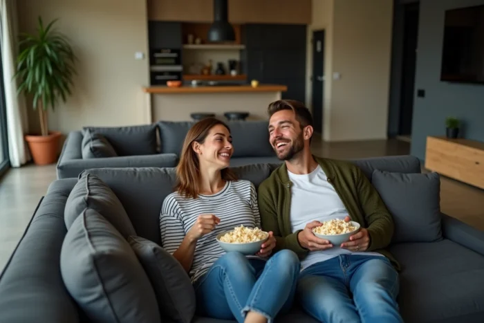 Couple français profitant d'une soirée streaming sur la plateforme Wooka dans leur salon contemporain