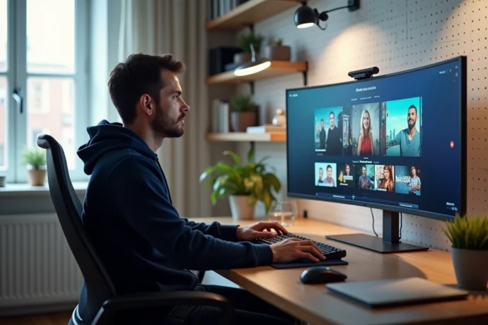 Homme français naviguant sur l'interface de la plateforme de streaming Wooka depuis son bureau à domicile
