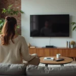 Jeune femme française regardant la plateforme de streaming Wooka sur son téléviseur dans un appartement parisien moderne